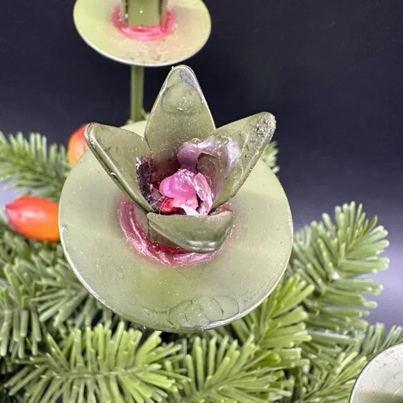 Vintage Christmas Candle Holder Centerpiece Metal Faux Pine Greenery Green 1960s - Picture 6 of 10